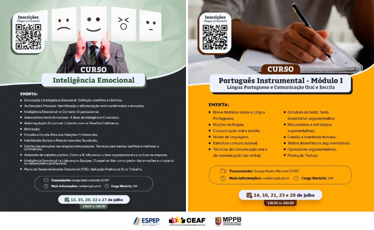 MPPB oferece capacitação em "Inteligência Emocional" e "Português Instrumental" para membros, servidores e assessores